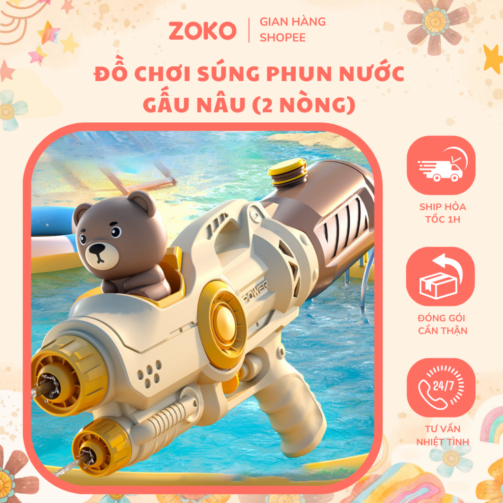Đồ Chơi Súng Nước Gấu Nâu Dễ Thương ( 2 Nòng Dung tích 500ml ) Cho Bé - Nhựa ABS An Toàn, Dễ Sử Dụng