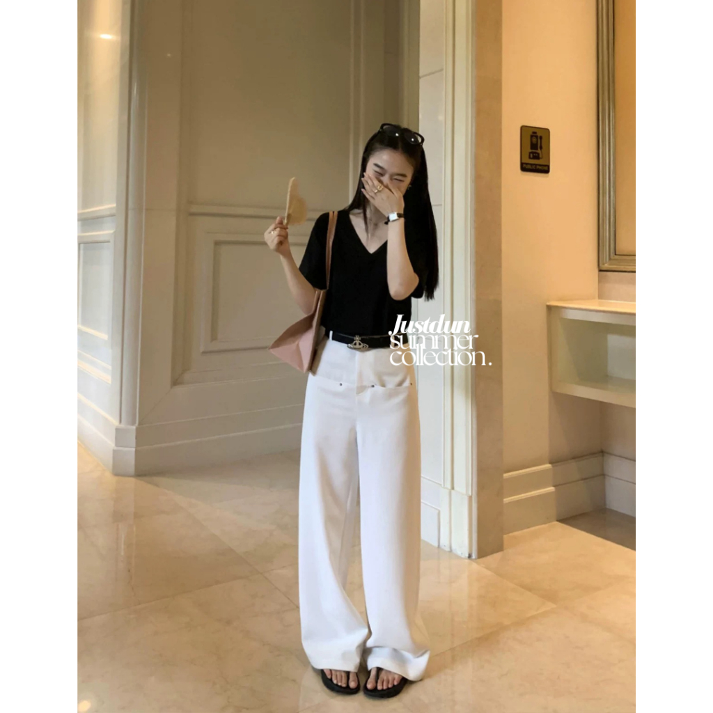 Áo thun cổ tim chất cotton basic thanh lịch form rộng Justdun A5
