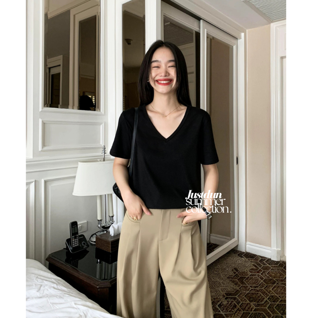 Áo thun cổ tim chất cotton basic thanh lịch form rộng Justdun A5