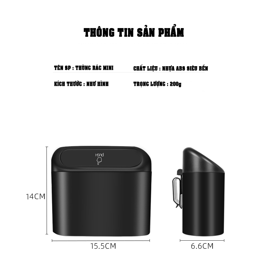 Thùng rác mini cho ô tô PICAUTO, chất liệu nhựa ABS cao cấp, cắp gập tự động ngăn mùi khó chịu