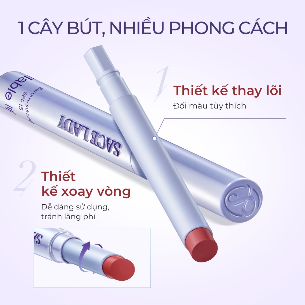 Son Bóng SACE LADY Combo son môi lâu trôi không lem có thể nạp lại (Combo son + lõi son thay thế)