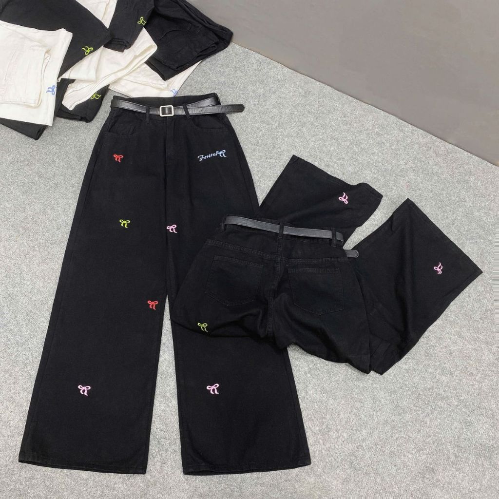 Quần Dài Ống Rộng Thêu Kaki Bigsize Nữ,Quần Suông Mềm Mại Kiểu Thêu Nơ Xinh Xắn Cho Nữ Q543