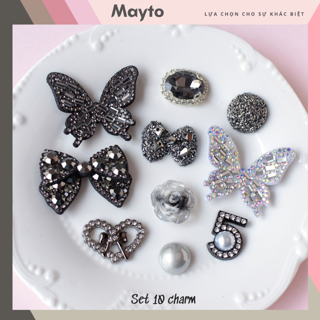 Bộ 10 Sticker, Charm 3D chủ đề Nơ kim cương nhựa cứng gắn Dép Sục, Cá ...