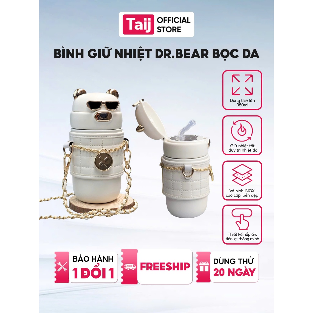 Bình Nước Giữ Nhiệt Inox Dr. Bear 350ml Bọc Da Cao Cấp, Cốc Giữ Nhiệt Đeo Chéo Thời Trang