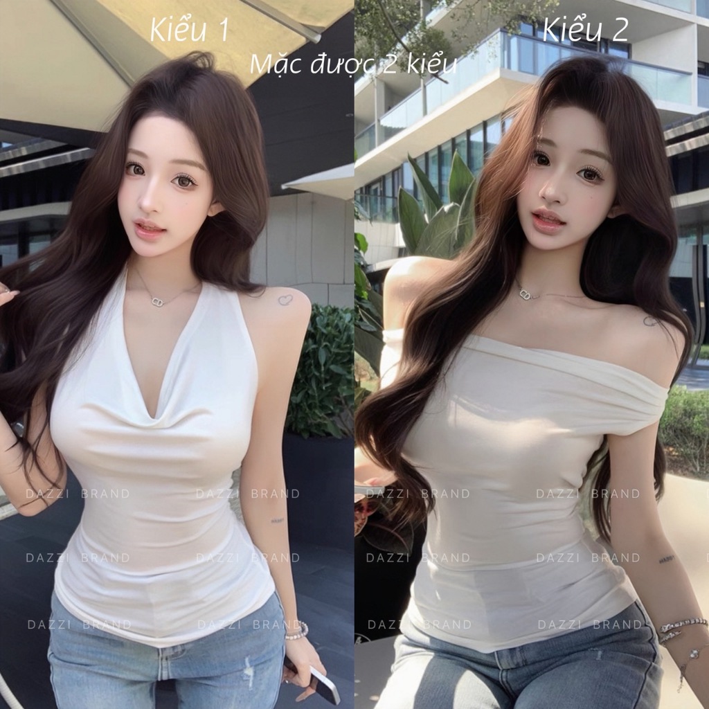 [MẶC 2 KIỂU - DEAL MỞ BÁN] Áo yếm nữ cổ đổ ôm body vải cotton mịn mát DAZZI women A040