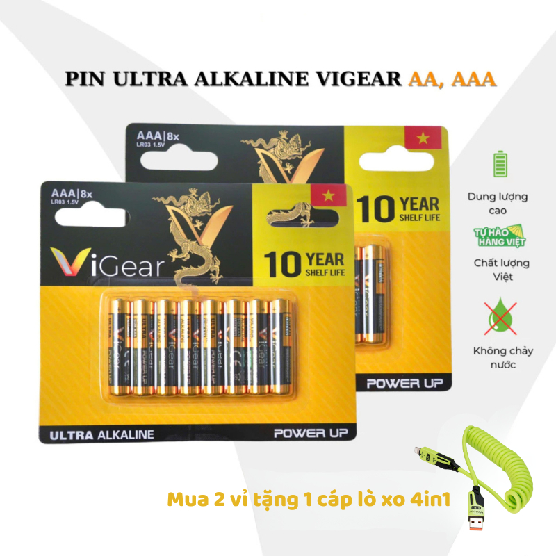 [BEST SELLER] Pin AA / AAA Ultra Alkaline Vigear Vỉ 8 Viên dành cho Đồng Hồ, Chuột Máy Tính Tặng Cáp Lò Xo 4in1