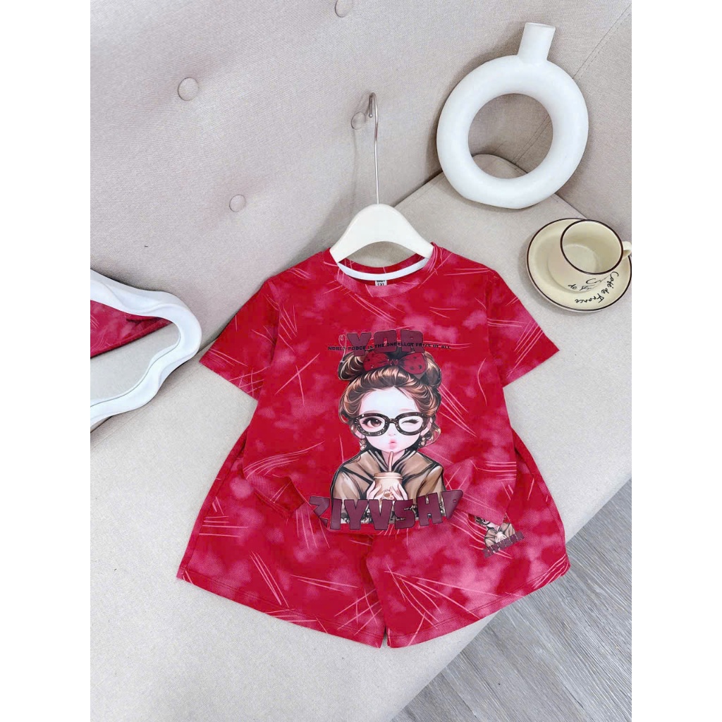 Bộ Quần Áo Cộc Tay Mùa Hè ( Họa Tiết Cô Gái ) Ms 003 Dành Cho Bé Gái 9-42kg Chất Liệu Cotton Thoáng Mát