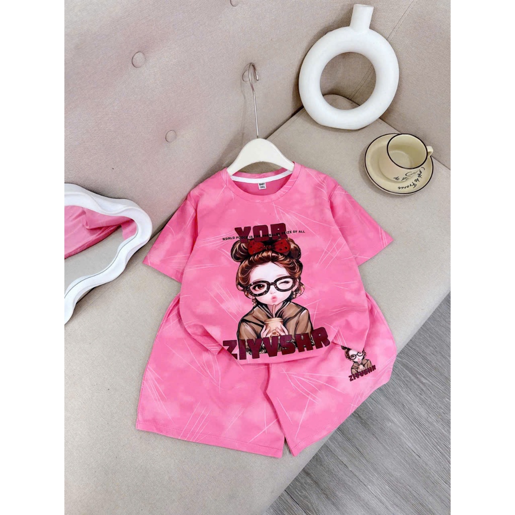Bộ Quần Áo Cộc Tay Mùa Hè ( Họa Tiết Cô Gái ) Ms 003 Dành Cho Bé Gái 9-42kg Chất Liệu Cotton Thoáng Mát