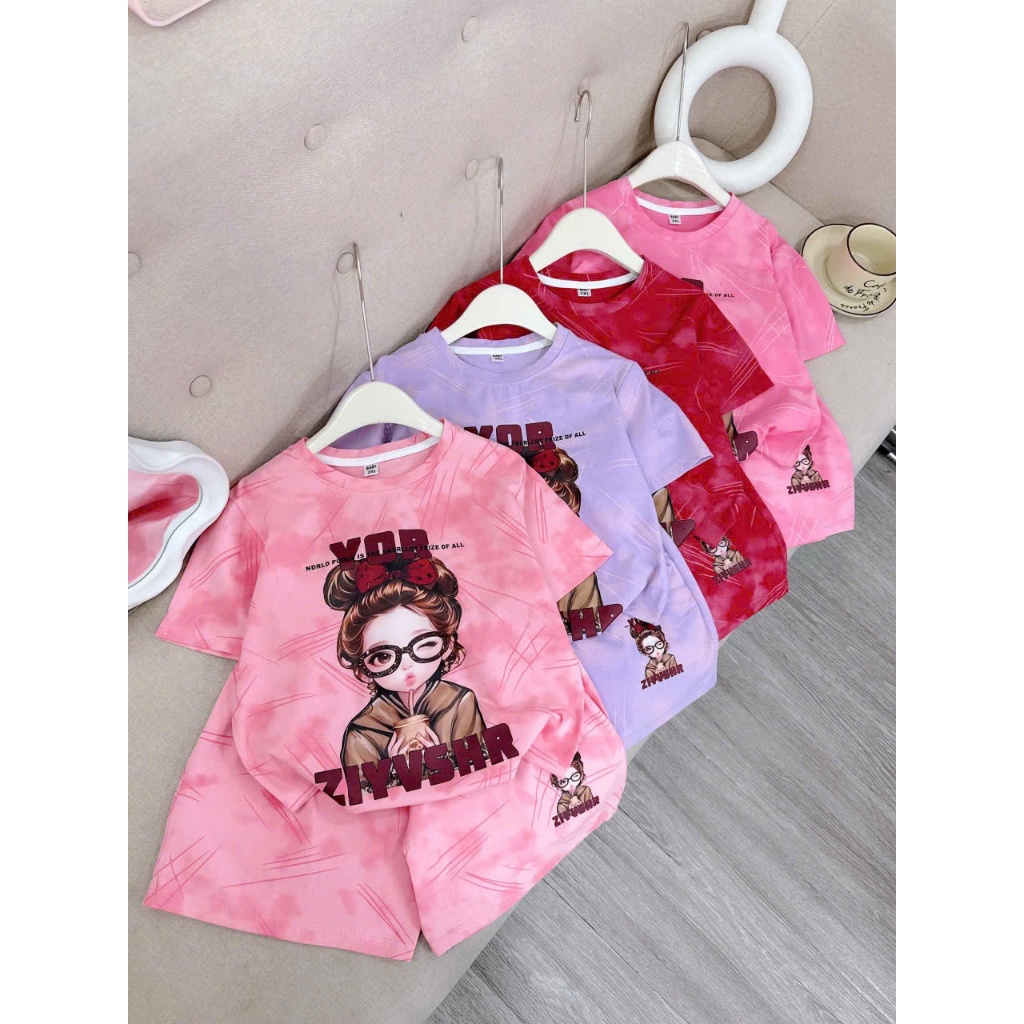 Bộ Quần Áo Cộc Tay Mùa Hè ( Họa Tiết Cô Gái ) Ms 003 Dành Cho Bé Gái 9-42kg Chất Liệu Cotton Thoáng Mát