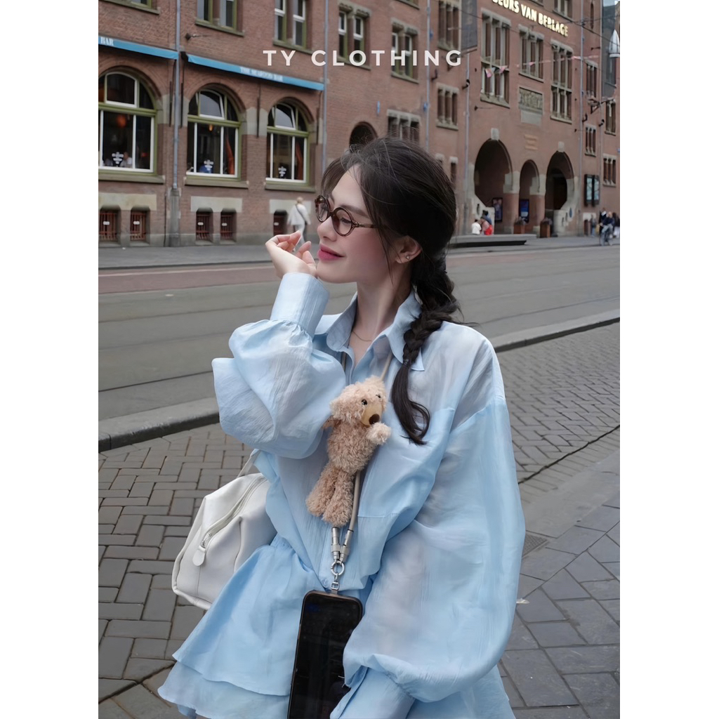 Váy sơ mi tơ (kèm gấu)-Hàng thiết kế-màu Xanh baby-TYCLOTHING