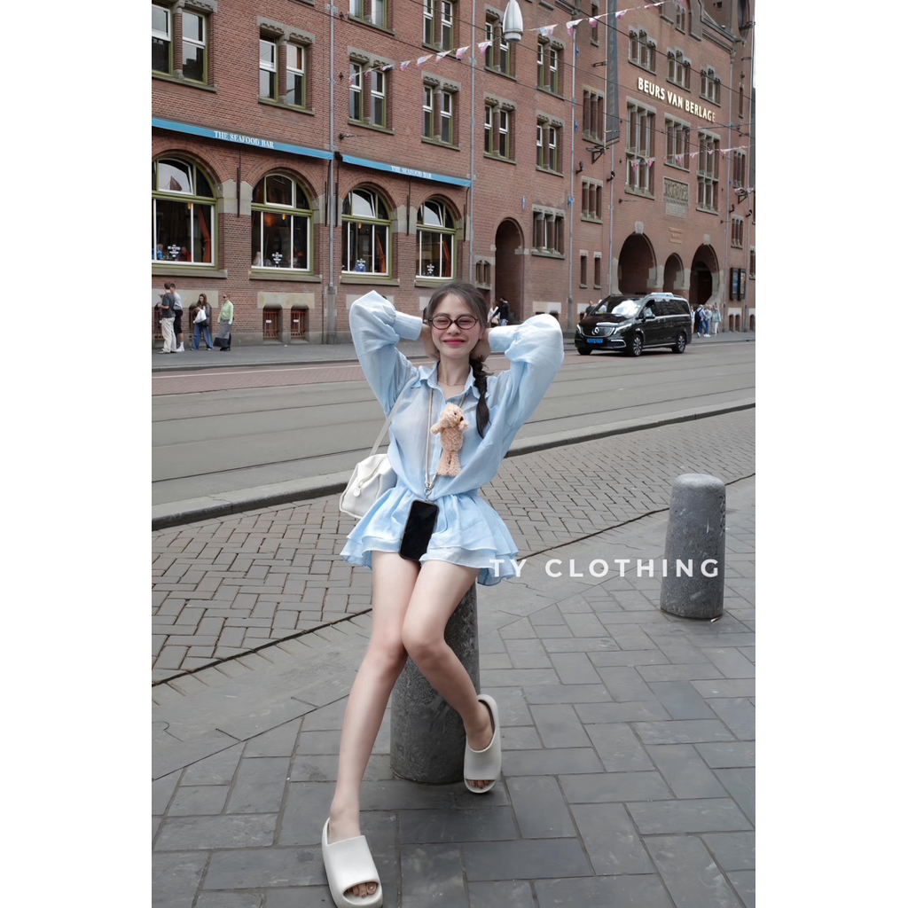 Váy sơ mi tơ (kèm gấu)-Hàng thiết kế-màu Xanh baby-TYCLOTHING