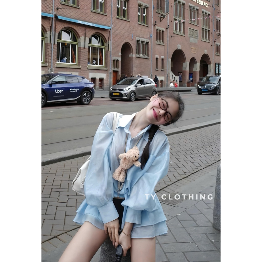 Váy sơ mi tơ (kèm gấu)-Hàng thiết kế-màu Xanh baby-TYCLOTHING