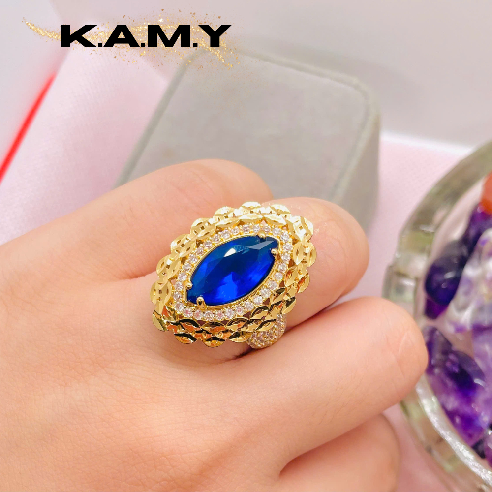 Nhẫn nữ đá xanh lam phối viền ánh kim – Kiểu dáng nổi bật – Trang sức thời trang KAMY