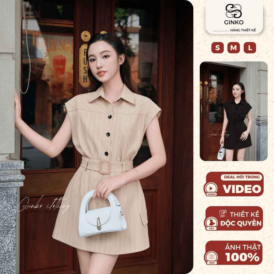 Sét áo váy nữ công sở cổ đức tay hến đai eo thanh lịch nữ tính có quần bảo hộ GINKO CLOTHING- SET2509