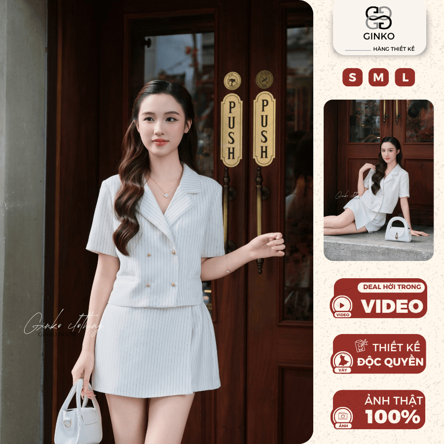 Áo cổ vest dáng ngắn phối quần giả váy dáng chữ A set GINKO CLOTHING