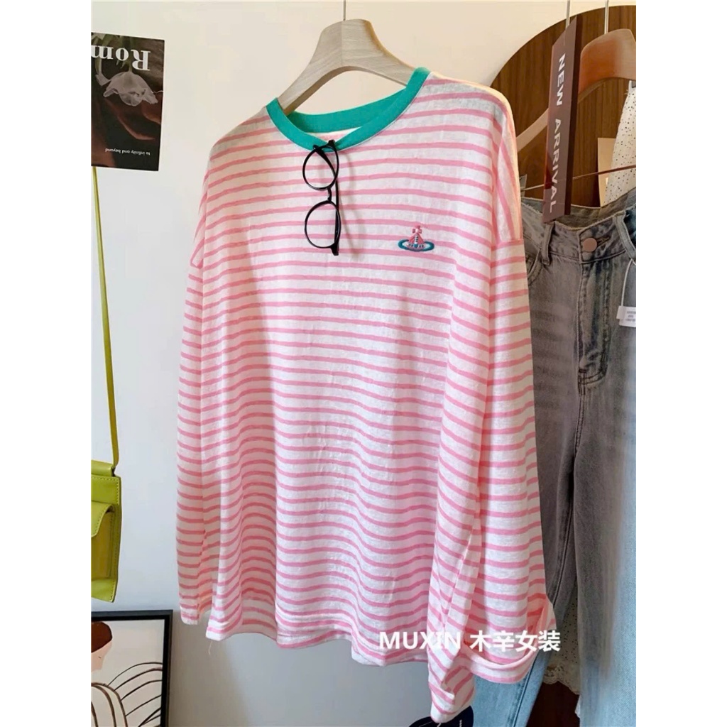 Áo dài tay kẻ sọc Đỏ in hình Vintage JULY FASHION, Áo thun nữ tay dài kẻ sọc chất thun xượt mềm mại, dáng rộng
