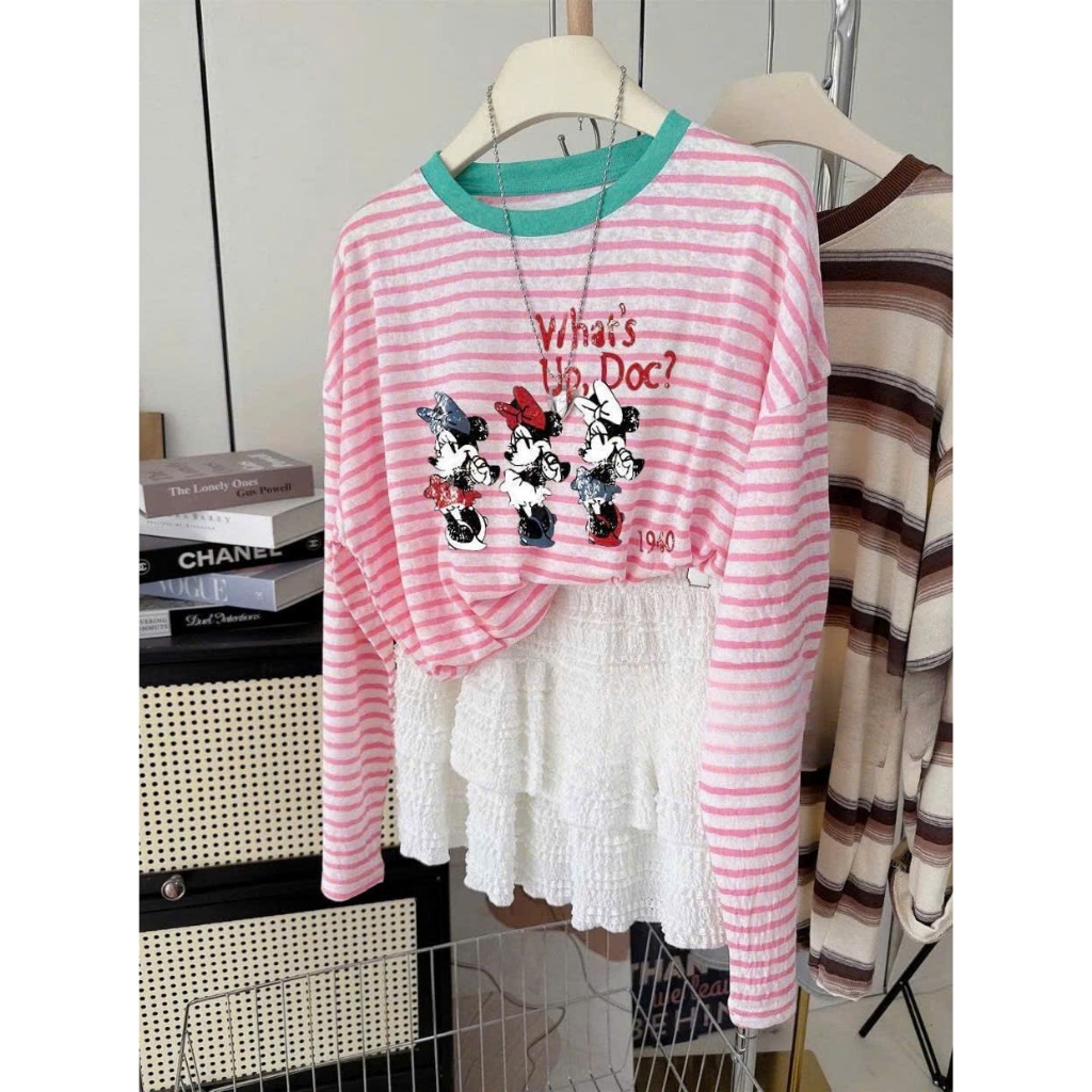Áo thun tay dài Kẻ sọc Hồng Đỏ in hình xinh xắn JULY FASHION, Áo thun nữ dài tay dáng rộng Chất thun xượt mềm mịn