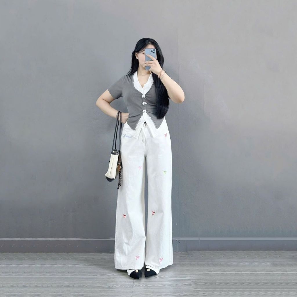 Quần Dài Ống Rộng Thêu Kaki Bigsize Nữ,Quần Suông Mềm Mại Kiểu Thêu Nơ Xinh Xắn Cho Nữ Q543