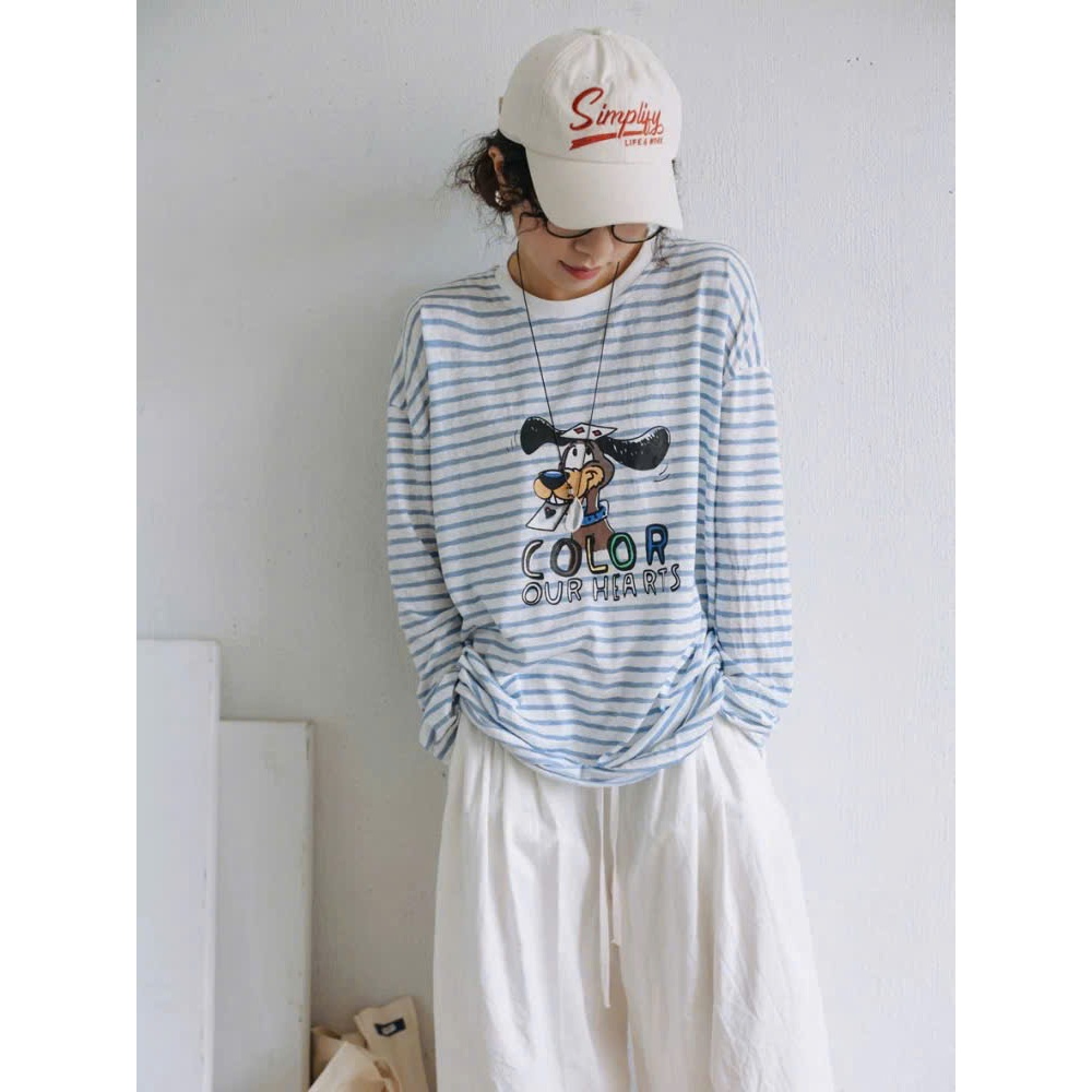 Áo thun nữ dài tay mùa thu JULY FASHION, Áo thun tay dài sọc in hình xinh xắn, Chất thun xượt mềm mịn, mùa Thu Đông