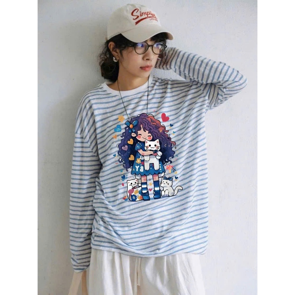 Áo thun nữ dài tay mùa thu JULY FASHION, Áo thun tay dài sọc in hình xinh xắn, Chất thun xượt mềm mịn, mùa Thu Đông