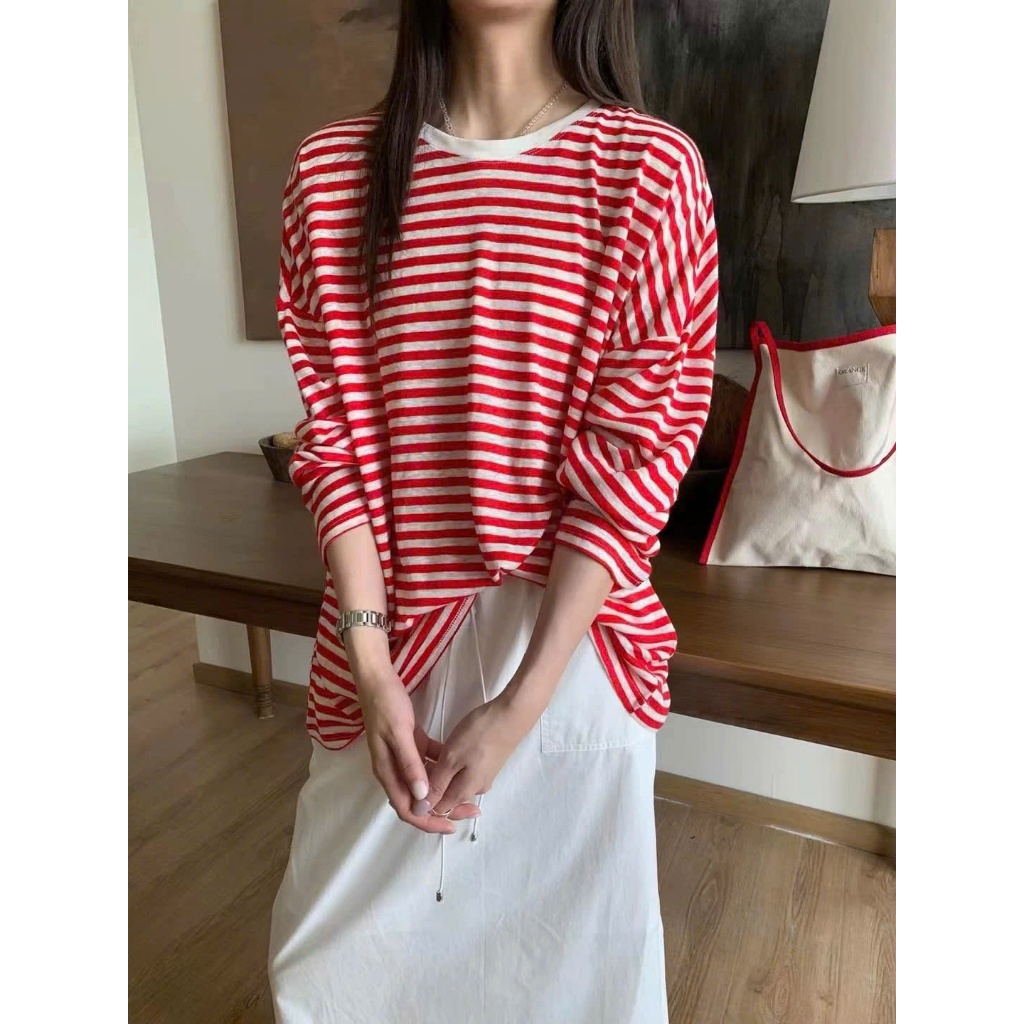 Áo thun tay dài Kẻ sọc Hồng Đỏ in hình xinh xắn JULY FASHION, Áo thun nữ dài tay dáng rộng Chất thun xượt mềm mịn