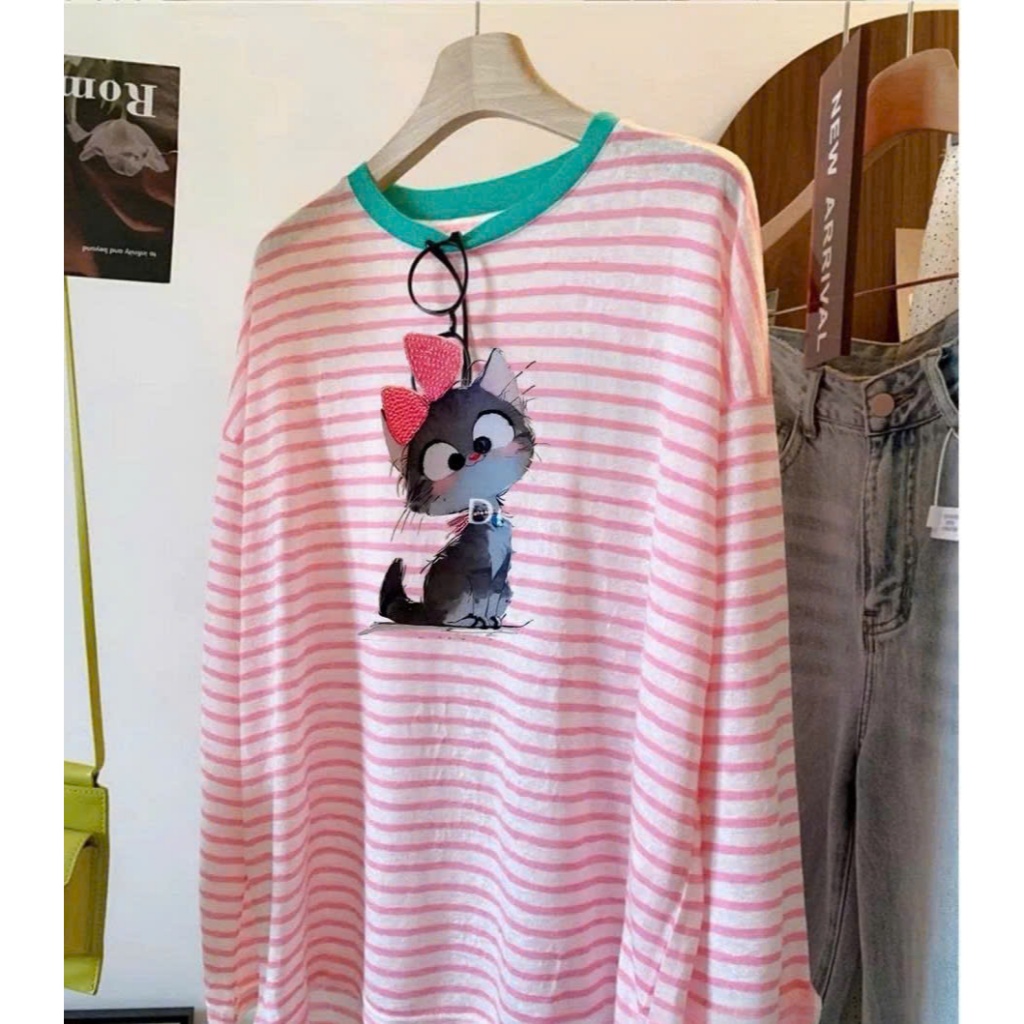 Áo thun tay dài Kẻ sọc Hồng Đỏ in hình xinh xắn JULY FASHION, Áo thun nữ dài tay dáng rộng Chất thun xượt mềm mịn