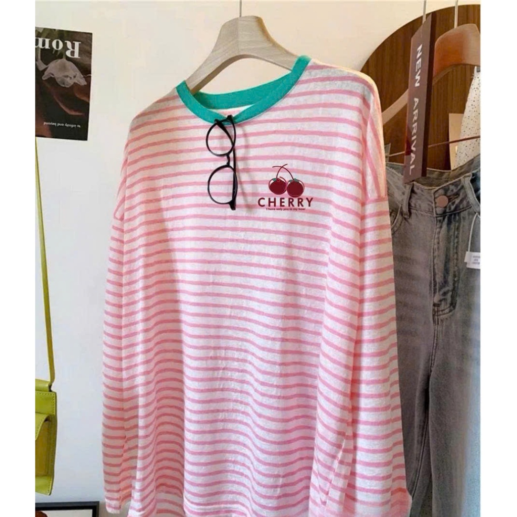 Áo thun tay dài Kẻ sọc Hồng Đỏ in hình xinh xắn JULY FASHION, Áo thun nữ dài tay dáng rộng Chất thun xượt mềm mịn