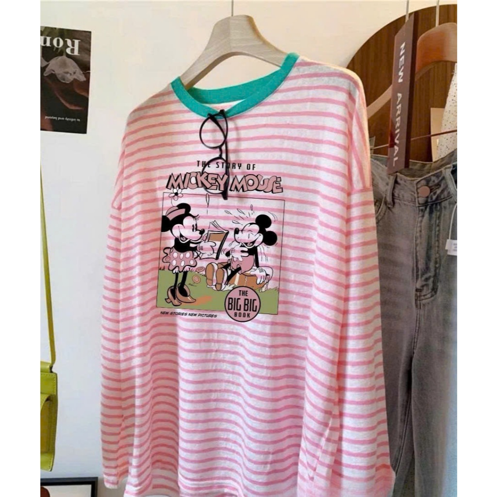 Áo thun tay dài Kẻ sọc Hồng Đỏ in hình xinh xắn JULY FASHION, Áo thun nữ dài tay dáng rộng Chất thun xượt mềm mịn