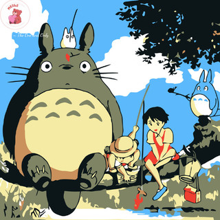 ( TẶNG SET 10 KHẨU TRANG) Tranh Số Hoá Totoro Câu Cá Hoạt Hình Tranh Tô Màu 20x20cm dễ thương đầy đủ cọ, màu, căng khung
