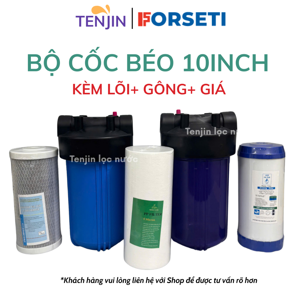 Bộ Cốc Béo 10inch Lọc Đầu Nguồn Ren 34 Đầy Đủ Phụ Kiện Kèm Gông Tháo, Giá Treo, Lõi Lọc Đầu Nguồn