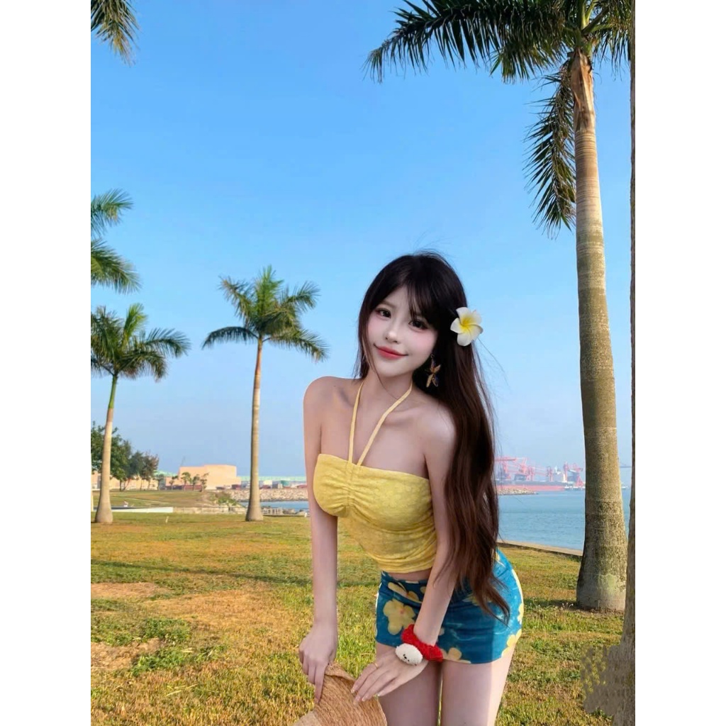 [BKN 909] Sé BiKiNi t áo ren hai lớp có mút ngực dày dặn BRA ỐNG VÁY HOA  in 3d chuẩn hình có lót quần đầy đủ cao cấp