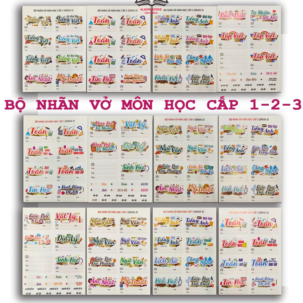 Bộ Nhãn Vở Môn Học Cho Học Sinh Cấp 1-2-3 Đầy Đủ Môn- Thiết Kế Đẹp- Dễ Bóc Dán
