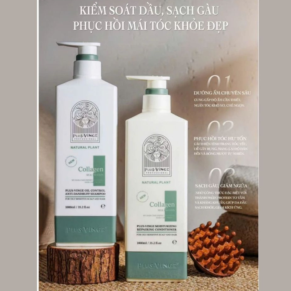 Dầu Gội Xả Plus Vinge Collagen 1000ml | Chăm Sóc Tóc Khô Xơ, Mềm Mượt & Bóng Khỏe Chuẩn Salon