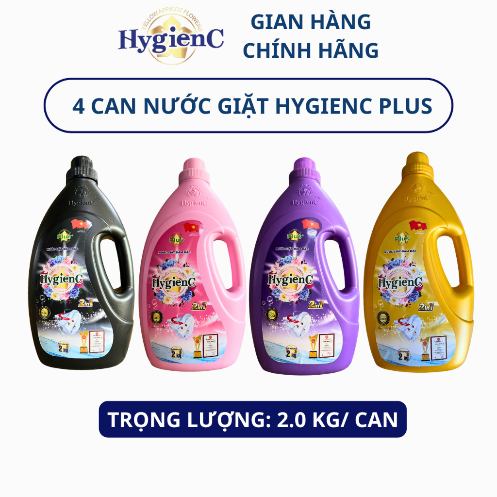Combo 4 Can Nước Giặt Dưỡng Vải Đậm Đặc HygienC Plus 2.0 Kg/Can - Hương Nước Hoa, Làm Sạch Vết Bẩn