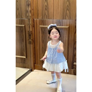 [B&G] Sét váy áo kẻ xanh, đỏ ren phối chân váy bí trắng dễ thương cho bé gái từ 12-45kg(2-12 tuổi)