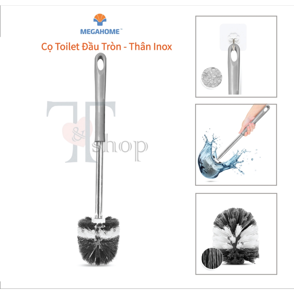 [HỎA TỐC] Cây Cọ Cước Chà Toilet, Cọ Chà Bồn Cầu Đầu Tròn Lông Cước Dầy Dặn Cán Inox MEGAHOME Hộp Đựng Kiểu Dán Tường