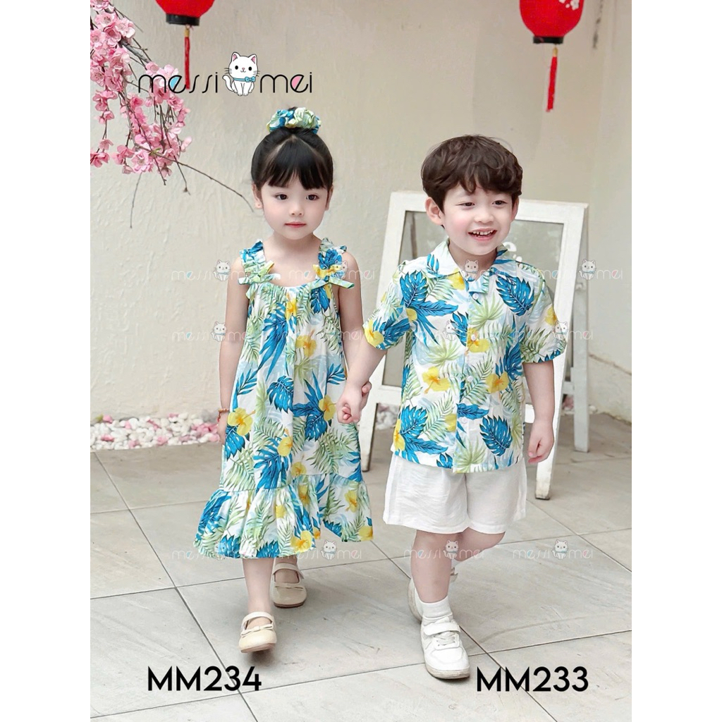 Set Đi Biển Đôi Bé Trai Bé Gái MM 1-10Y (8-40kg), Bộ Bé Trai & Váy Bé Gái Kèm Dây Buộc Tóc