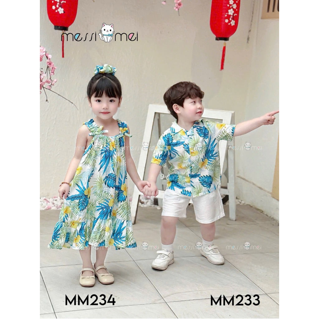 Set Đi Biển Đôi Bé Trai Bé Gái MM 1-10Y (8-40kg), Bộ Bé Trai & Váy Bé Gái Kèm Dây Buộc Tóc
