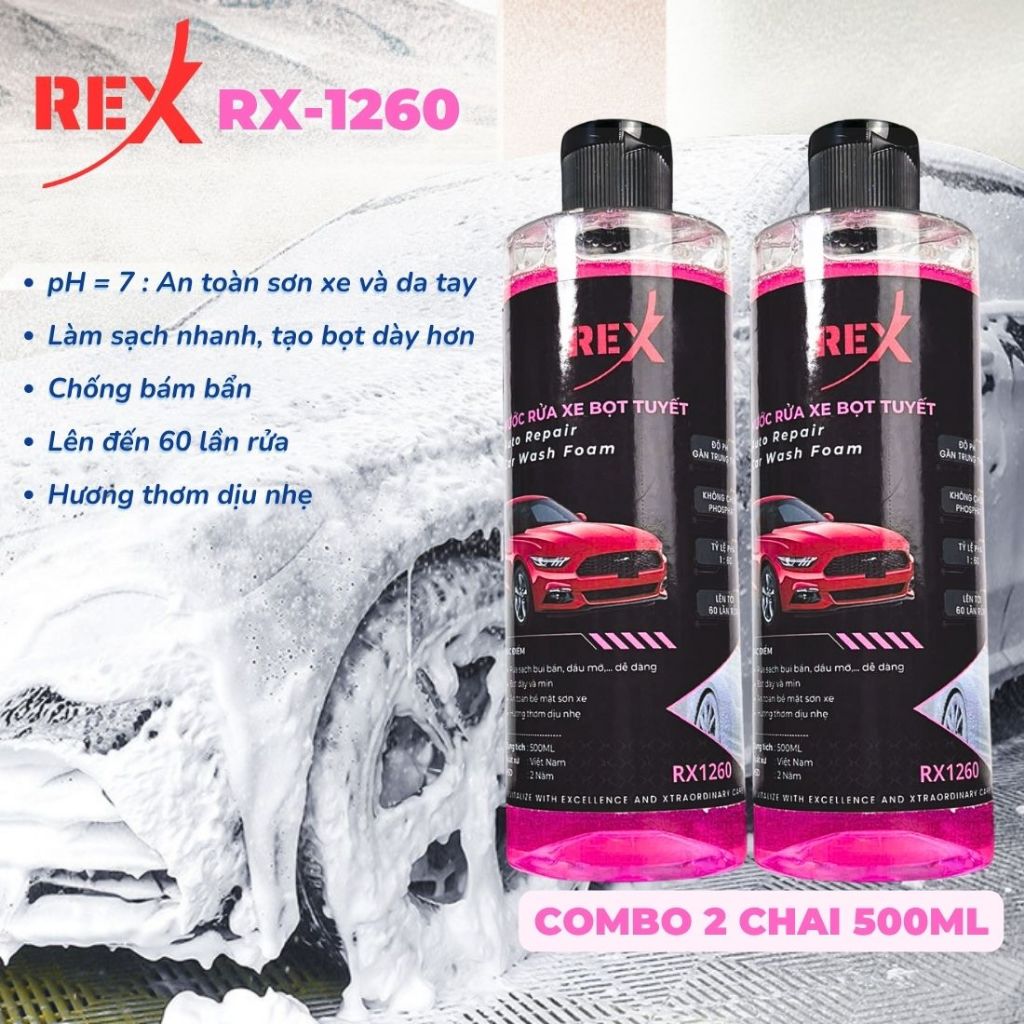 Combo 2 chai nước rửa xe bọt tuyết REX (Tặng Khăn & Cọ đen rửa xe ngẫu nhiên) rửa xe ô tô, xe máy