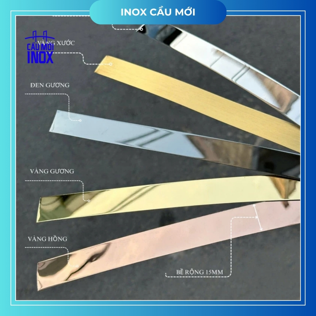 Nẹp la inox dán tường 5 mét/10 mét, có keo sẵn, màu bạc gương, hồng gương, vàng gương, đen gương