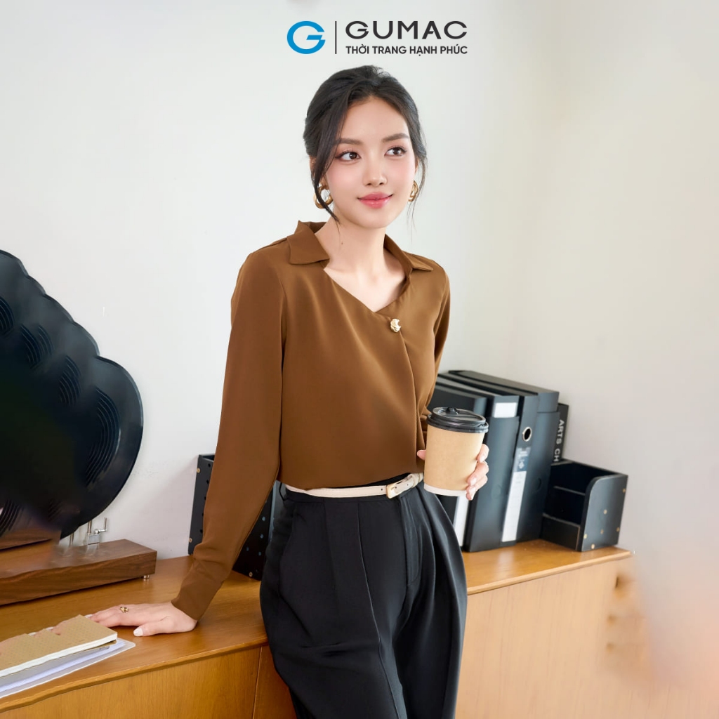 Áo Kiểu Nữ GUMAC Form Suông Tay Dài Măng Set Cổ Vuông Lá Cổ Sơ Mi Lụa Ý Mềm Tiểu Thư AF07028