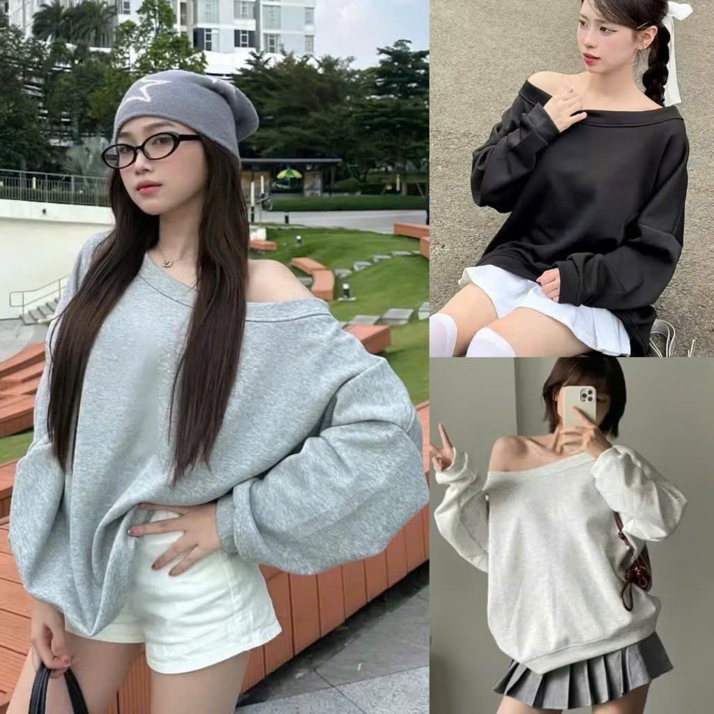 Áo Khoác Hello Kitty nữ local brand Trắng form rộng mùa đông áo dài tay sweater trễ vai SSL