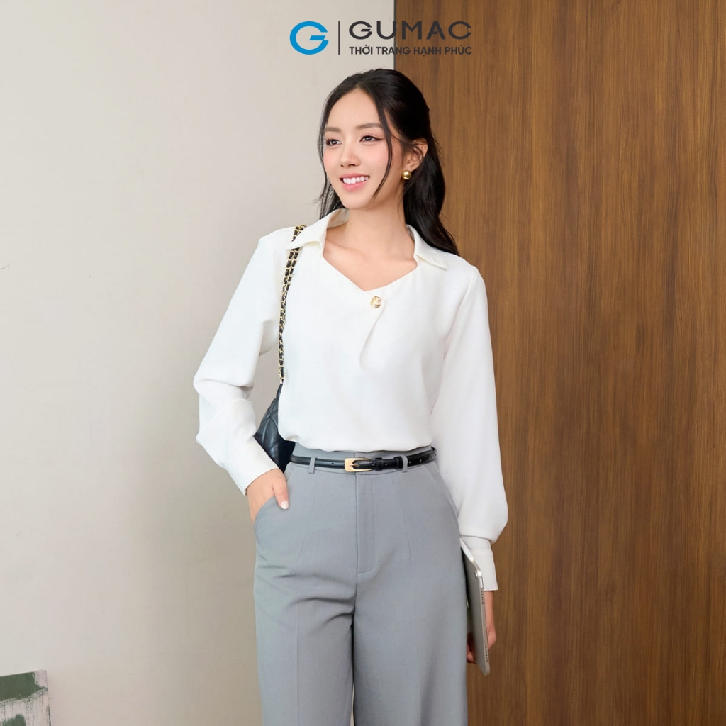 Áo Kiểu Nữ GUMAC Form Suông Tay Dài Măng Set Cổ Vuông Lá Cổ Sơ Mi Lụa Ý Mềm Tiểu Thư AF07028