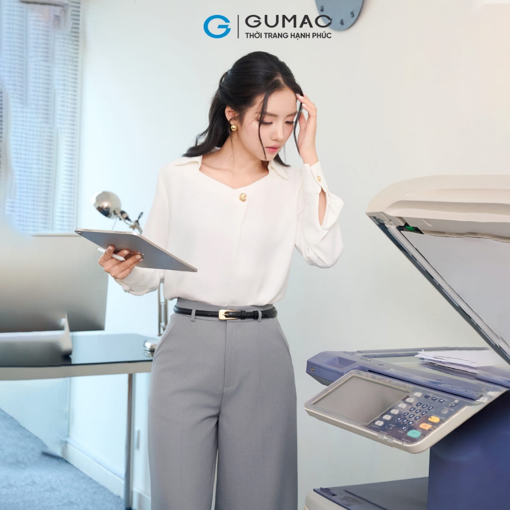 Áo Kiểu Nữ GUMAC Form Suông Tay Dài Măng Set Cổ Vuông Lá Cổ Sơ Mi Lụa Ý Mềm Tiểu Thư AF07028