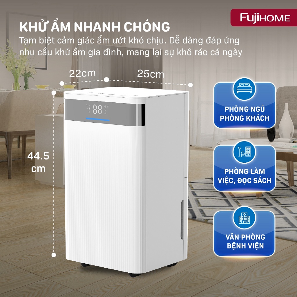 Máy hút ẩm gia đình FUJIHOME DH12NW Nhập Khẩu, máy hút ẩm công nghệ điều khiển qua app hoạt động êm