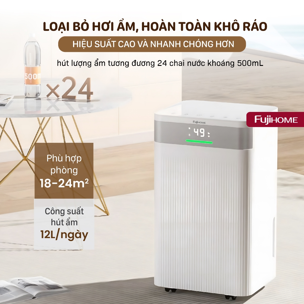 Máy hút ẩm gia đình FUJIHOME DH12NW Nhập Khẩu, máy hút ẩm công nghệ điều khiển qua app hoạt động êm