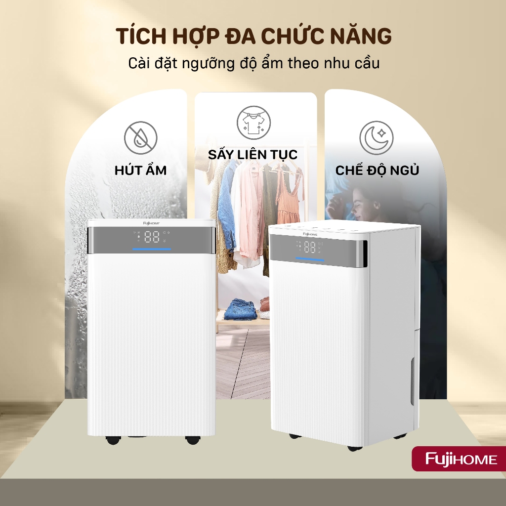 Máy hút ẩm gia đình FUJIHOME DH12NW Nhập Khẩu, máy hút ẩm công nghệ điều khiển qua app hoạt động êm