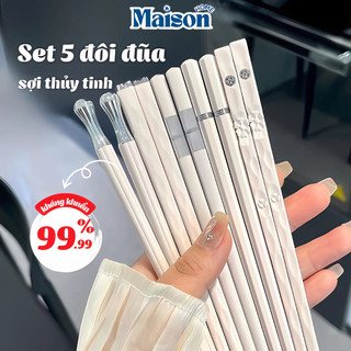 Set 5 đôi đũa ăn cơm trắng bạc chất liệu sợi thủy tinh không mốc kháng khuẩn chịu nhiệt cao cấp