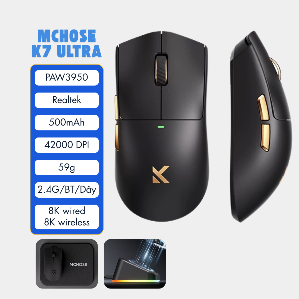 MCHOSE K7 Ultra ゲーミングマウス ワイヤレス 8Kドングル付き 無線 超