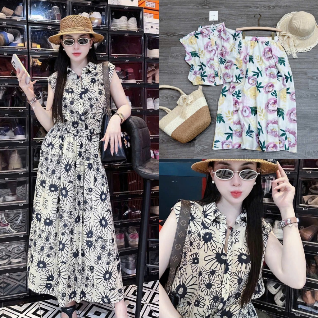 2026.Sét áo sơmi+ chân váy xoè in hoa. Đủ size SMLXL mát, mềm [IN HOA- CV XOÈ]